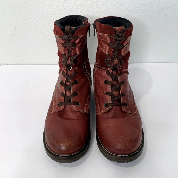 Dromedaris Women's Kara Combat Red Leather + Suede Lace-up Comfort Inside Zip - Picture 2 of 13